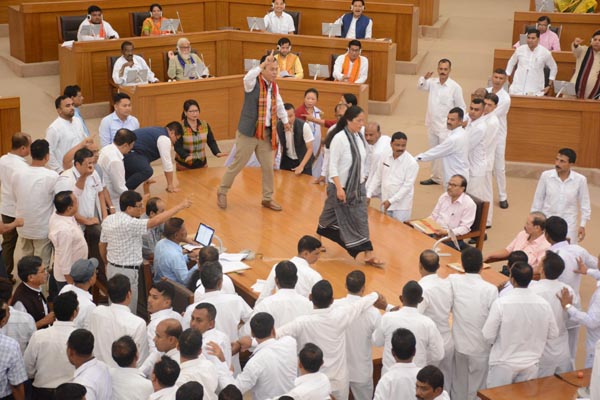 bedlam in tripura assembly speaker suspends congress mla for budget session for derogatory remarks