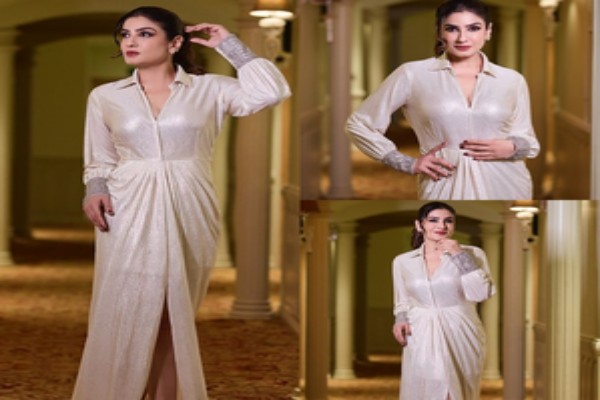 raveena tandon shines in metallic gown shares gla---