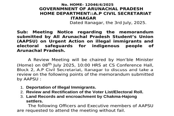 Chakma Hajong issue : Meeting between Arunachal Pradesh Govt & AAPSU sparks concern