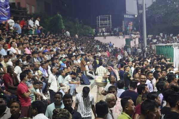Supporters of Forward & Blood Mouth alongwith football lovers enjoying Neeljyoti Rakhal Shield knockout Football Tournament at Umakanta Stadium on Tuesday.