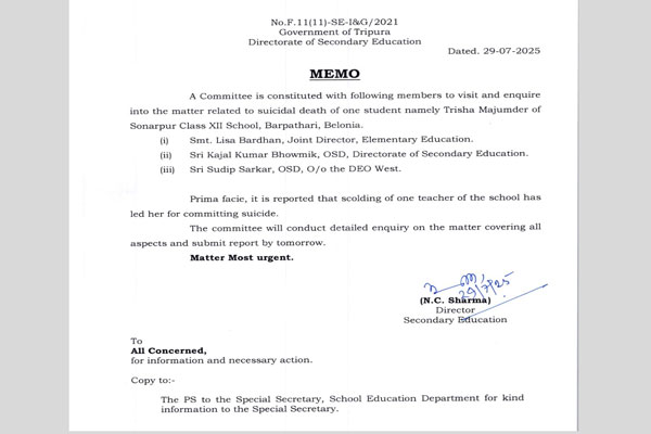 Tripura Government Orders Probe into Trisha’s Alleged Suicide Following Teacher's Scolding