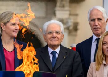 Olympic torch relay celebration cauldron for Milan-Cortina 2026 lit in Italy