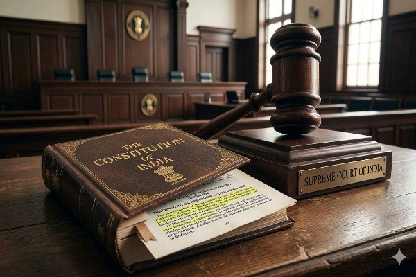 A symbolic representation of the Indian Constitution placed before a gavel, highlighting the 1950 Scheduled Caste Order.