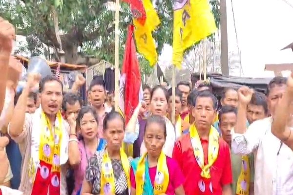 Tipra Motha Party supporters and local leaders asseble during a campaign rally for the TTAADC elections.