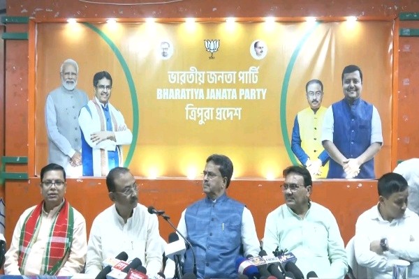 BJP State President Rajib Bhattacharjee addressing a press conference in Agartala regarding the 2026 TTAADC election candidate list.