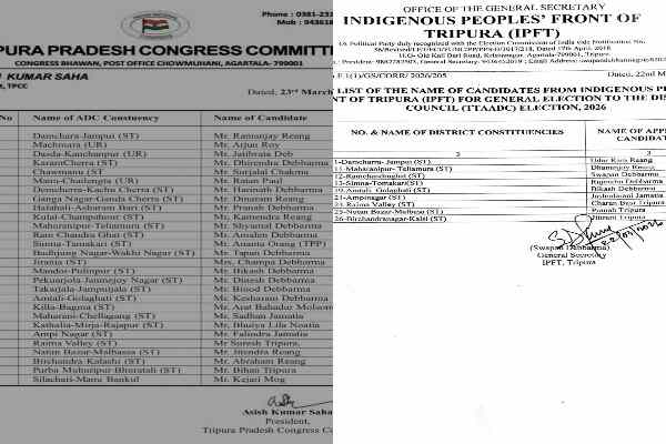 Visual collage of the IPFT and Congress candidate lists for the 2026 Tripura ADC elections,