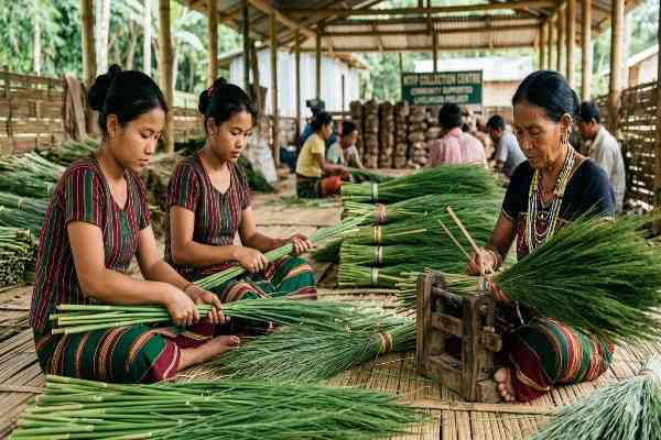 Tribal women in Tripura skillfully sorting and binding green broom grass for the NTFP market, representing the state's forest-based livelihood success.