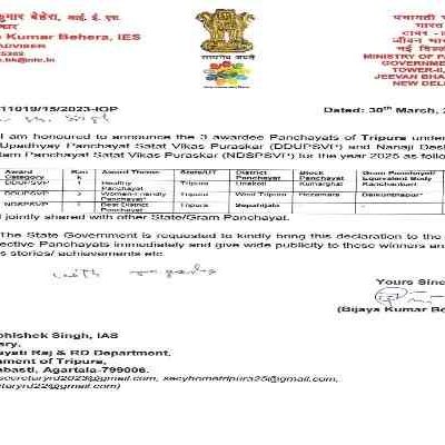 Tripura’s Rural Governance Shines: Three Panchayats Bag Prestigious National Awards