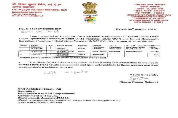 Official notification from the Ministry of Panchayati Raj listing Tripura's winning Panchayats for DDUPSVP and NDSPVSP awards 2025