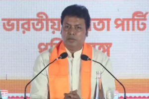 BJP leader Biplab Deb speaking at a press conference regarding the West Bengal Assembly elections and national security concerns.