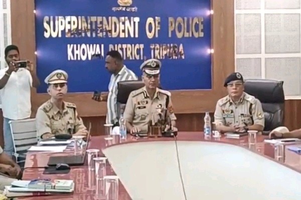 Tripura DGP, Anurag IPS, chairing a high-level security review meeting in Khowai ahead of the TTAADC elections 2026.