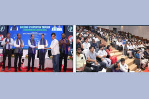 Chief Secretary Jitendra Kumar Sinha and IT Secretary Kiran Gitte felicitating young innovators at the T-NEST Startup Workshop in Agartala.