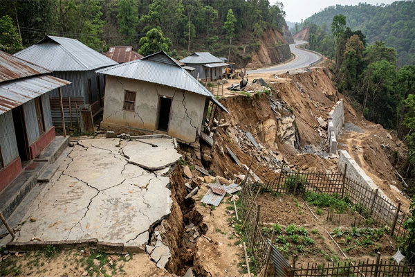 A view of cracked earth and collapsed residential walls in Tlaksih village, Tripura, showing the impact of NH44A highway construction and land subsidence.