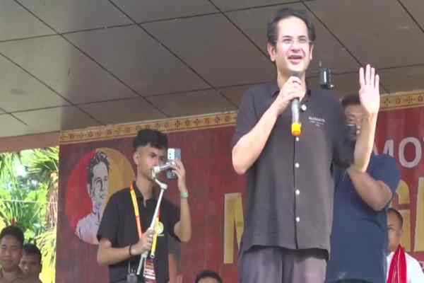 Tipra Motha Chief Pradyot Kishore Debbarma speaking at a TTAADC Poll rally in Tripura .