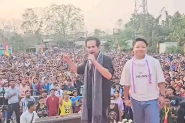 Tipra Motha leader Pradyot Debbarma addressing gathering in Kanchanpur, focusing on the future of the youth and regional development goals.