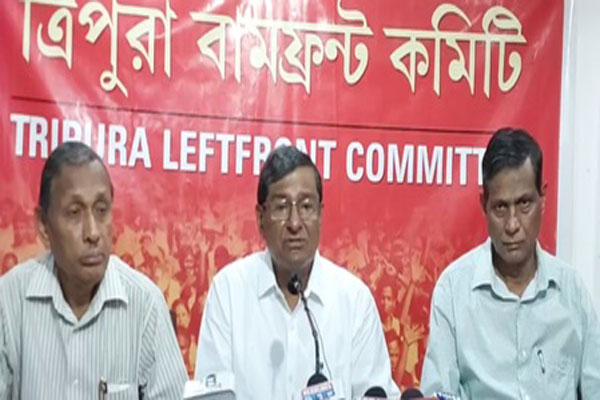Senior Tripura Left Front leaders, including Manik Dey, addressing a press conference in Agartala