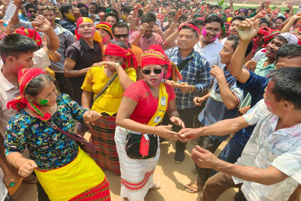 Tipra Motha Party supporters celebrating 2026 TTAADC election victory in Tripura.
