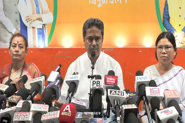 Tripura Chief Minister Dr. Manik Saha addressing a press conference in Agartala flanked by Minister Santana Chakma and MLA Antara Deb Sarkar
