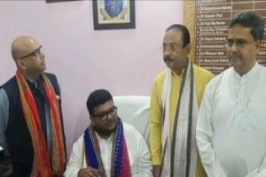 New Tripura BJP president Abhishek Debroy addressing media after assuming office in Agartala
