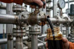 Crude oil flowing from industrial pipeline during global oil price decline linked to US-Iran diplomatic developments (Representative AI enhanced image)