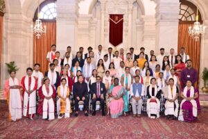 President Droupadi Murmu felicitating North East artisans including Tripura bamboo artisan Samir Jamatia at Rashtrapati Bhavan