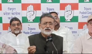 TPCC President Asish Saha addressing a press conference in Agartala regarding the Women's Reservation Bill and RSS ideology.