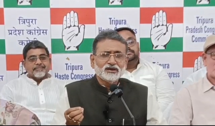 TPCC President Asish Saha addressing a press conference in Agartala regarding the Women's Reservation Bill and RSS ideology.
