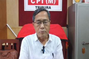 CPIM State Secretary Jitendra Choudhury speaking to the media at the party headquarters in Agartala regarding the state committee meeting.