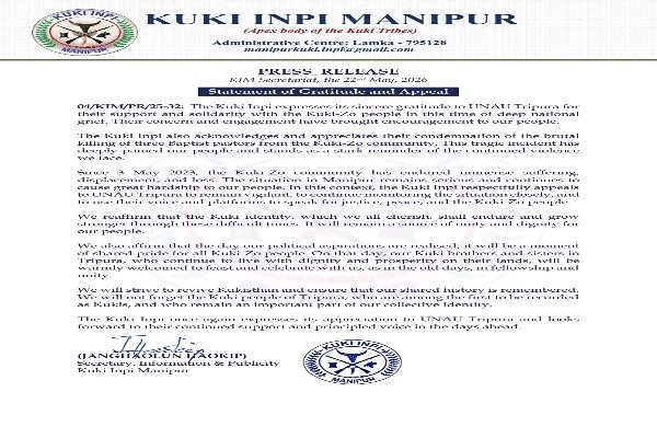 Kuki Inpi Manipur appreciated UNAU Tripura for supporting the Kuki-Zo community during the Manipur crisis