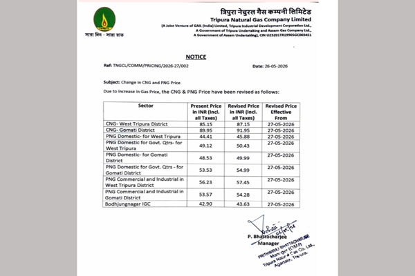 TNGCL notice announcing revised CNG and PNG prices in Tripura effective from May 27, 2026