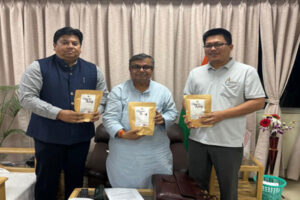 Tripura Agriculture Minister Ratan Lal Nath and TSOFDA officials displaying packets of locally produced organic wheat flour.