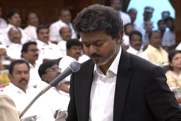 Chief Minister Joseph Vijay taking oath as MLA during the first session of the 17th Tamil Nadu Assembly in Chennai