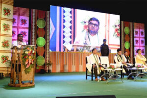 Tripura BJP Chief Abhishek Debroy addressing Jana Kalyan Shibir programme at R.S. Bhawan Agartala on Modi government development initiatives