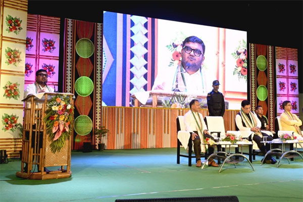 Tripura BJP Chief Abhishek Debroy addressing Jana Kalyan Shibir programme at R.S. Bhawan Agartala on Modi government development initiatives