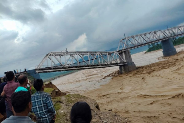 Damaged railway bridge over Simen River in Dhemaji after Assam floods and river erosion