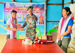 Assam Rifles felicitating Manipur football stars Panthoi Chanu Elangbam and Priyangka Devi after SAFF Women’s Championship 2026 victory