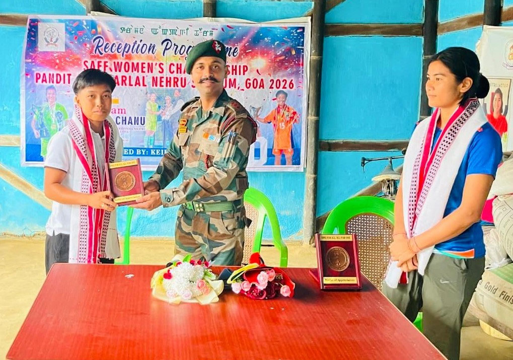 Assam Rifles felicitating Manipur football stars Panthoi Chanu Elangbam and Priyangka Devi after SAFF Women’s Championship 2026 victory