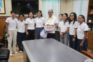 Manipur Chief Minister Yumnam Khemchand Singh interacting with nine SAFF championship-winning women footballers at the CMO in Imphal.
