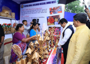 Tripura Chief Minister Manik Saha inaugurating public welfare camp at Rabindra Shatabarshiki Bhavan Agartala with government scheme exhibition.