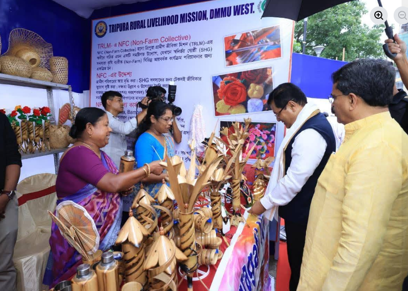 Tripura Chief Minister Manik Saha inaugurating public welfare camp at Rabindra Shatabarshiki Bhavan Agartala with government scheme exhibition.
