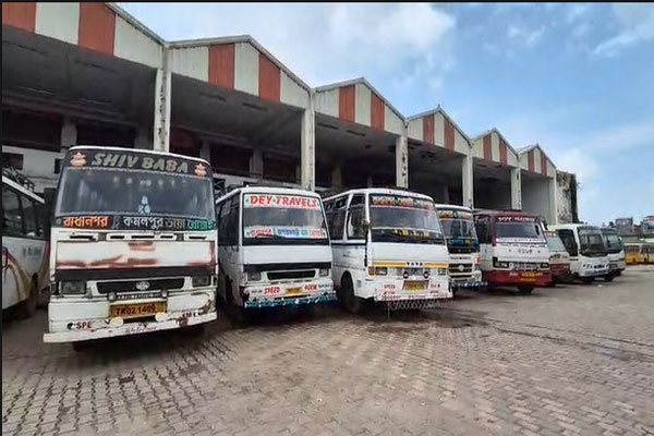 Long distance buses remain parked at an Agartala Bus stand due to surrendered NLFT and ATTF militants' sponsored 72-hour blockade demanding rehabilitation package