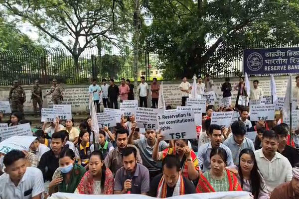 TSF members protesting near Circuit House Agartala demanding SC/ST backlog vacancy recruitment drive in Tripura