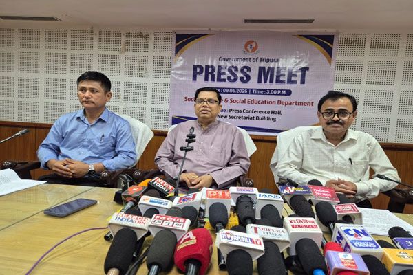 Tripura SW&SE Minister Tinku Roy briefing media on child marriage prevention and welfare schemes in Agartala