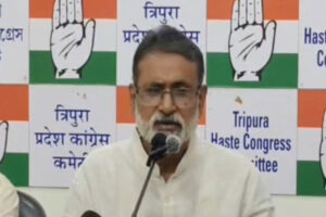 Tripura Congress Chief Ashish Saha addressing a press conference in Agartala on JUne 26, 2026 on SIR process, electricity bills and other public issues .