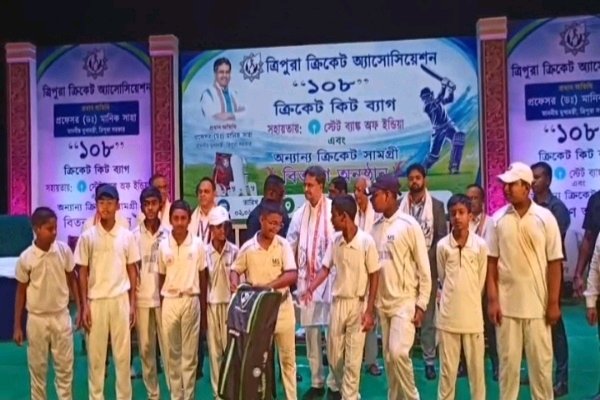 Tripura CM Dr. Manik Saha focused on cricket development in the State during cricket kits distribution to young players in Agartala today.