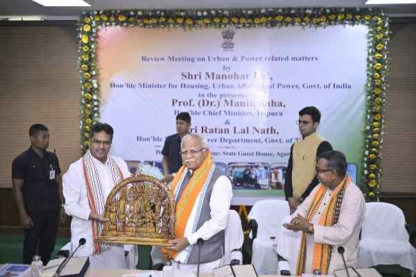 Tripura Power Minister Ratan Lal Nath is speaking about smart metering & other development activities in presence of Union Power Minister Manohar Lal Khattar & Chief Minister Dr Manik Saha in Agartala.