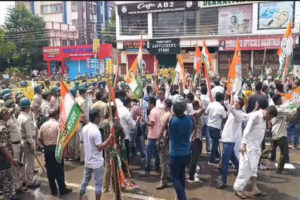 Tripura Youth Congress president Neel Kamal Saha led a protest rally in Agartala against NEET paper leak, inflation and unemployment