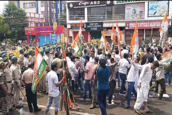 Tripura Youth Congress president Neel Kamal Saha led a protest rally in Agartala against NEET paper leak, inflation and unemployment