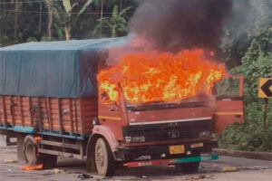 Unakoti road accident scene near Damduma ADC Village where Pulsar bike and goods vehicle collided