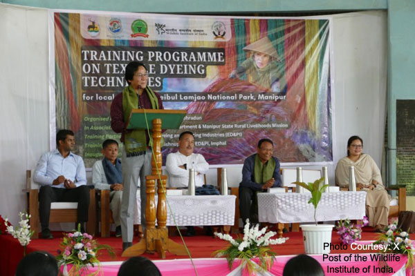 Sustainable textile dyeing training programme held near Keibul Lamjao National Park in Manipur for Sangai conservation efforts.
